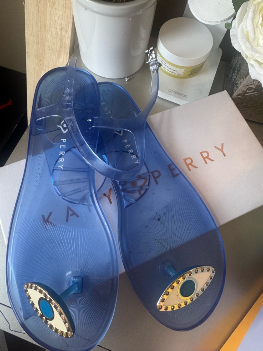 Katy Perry Collections Transparent Blue Jelly Sandals with Eye Accent